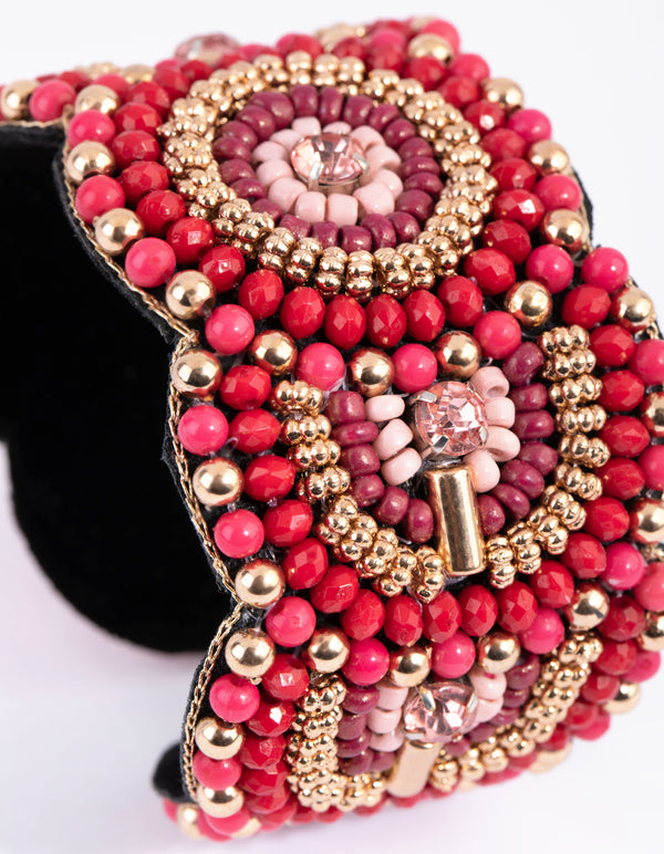 Gold & Red Beaded Scallop Cuff Bracelet