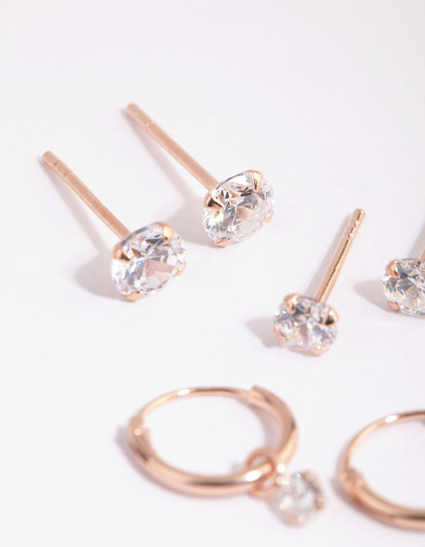 Rose Gold Plated Sterling Silver Cubic Zirconia Earring Pack