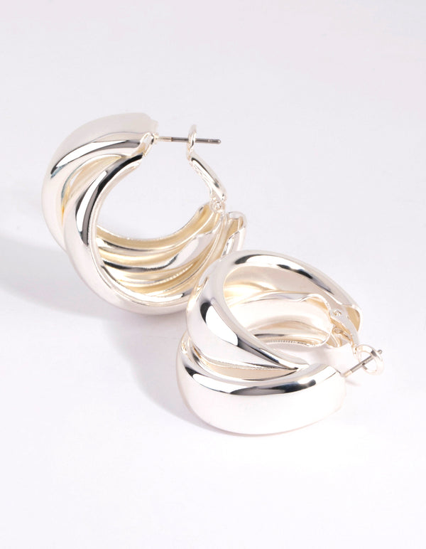Silver Thick Double Hoop Earrings