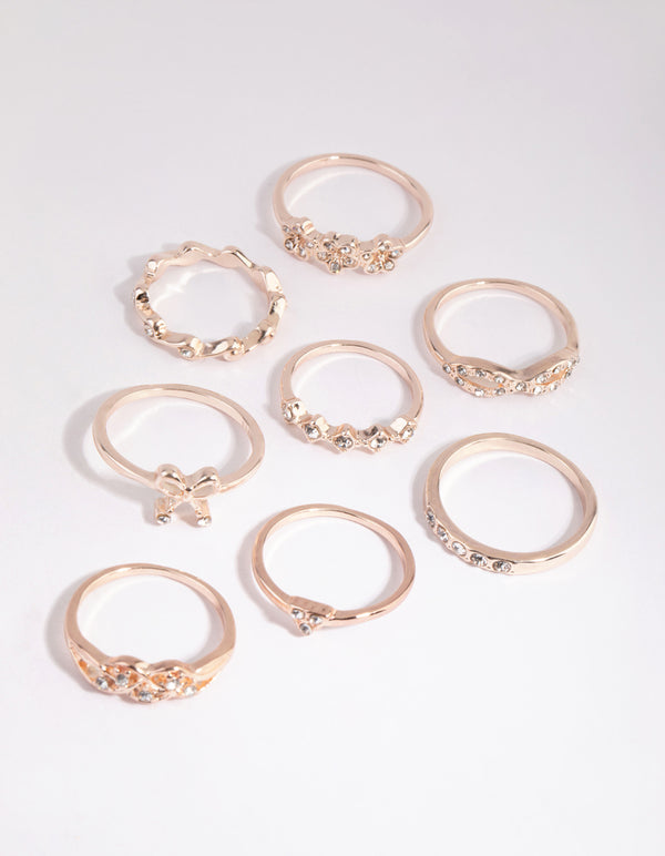 Rose Gold Bow & Flower Diamante Ring Pack