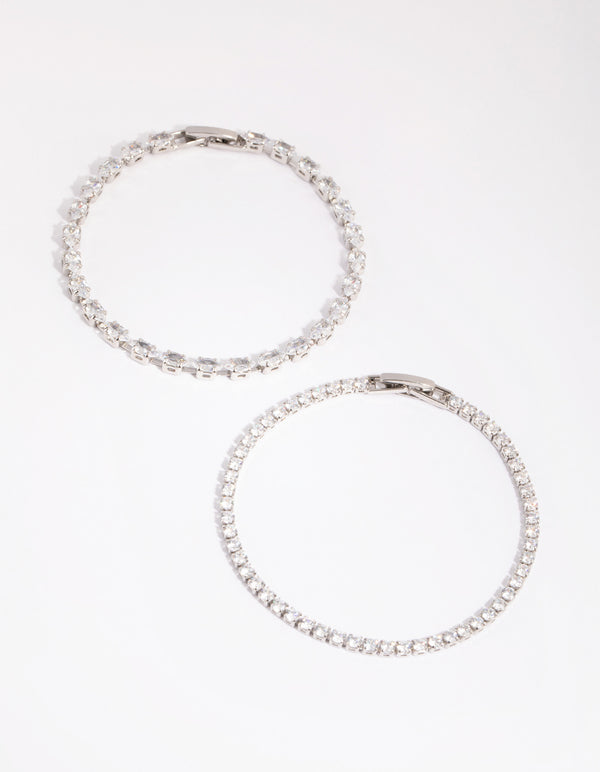 Silver Diamond Simulant Mixed Stone Bracelet Set