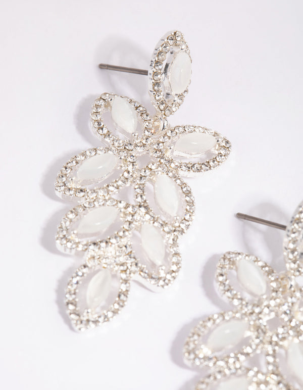 Silver Flower Cut Out Diamante Drop Earrings