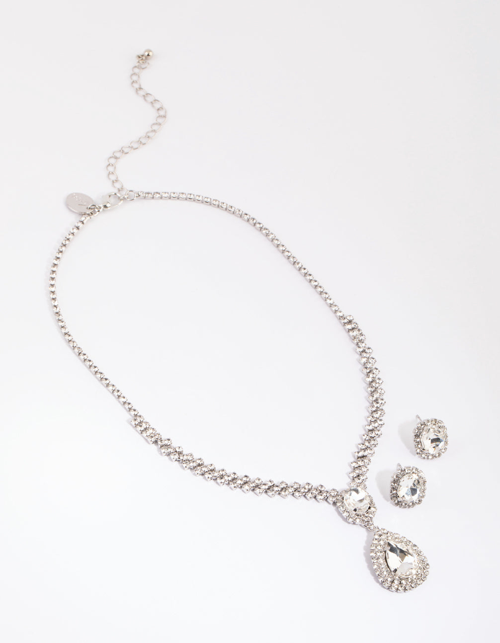 Rhodium Teardrop Surrounded Necklace & Earrings Set