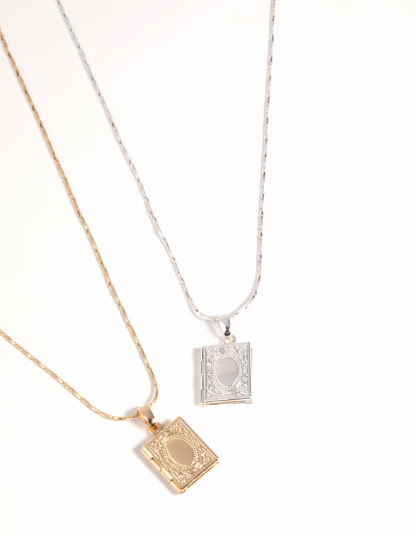 Mixed Metal Ornate Locket Necklace Set