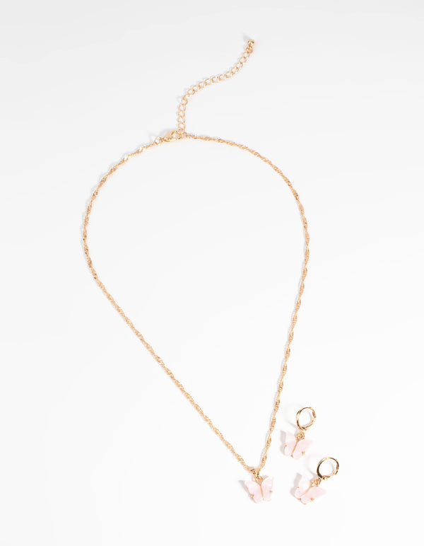 Gold & Pink Butterfly Necklace & Earring Set