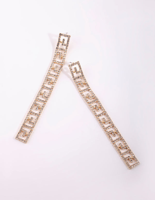 Gold Diamante Greek Key Drop Earrings