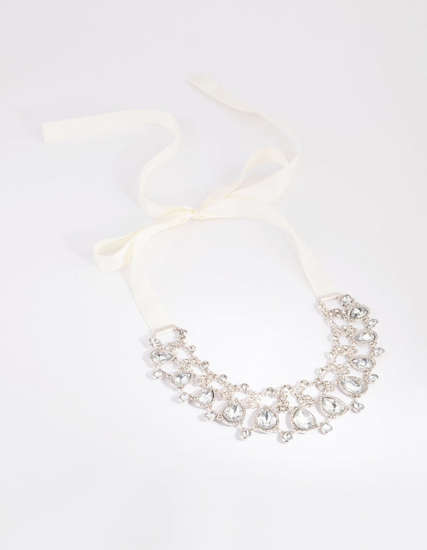 Antique Silver Diamante Ribbon Necklace