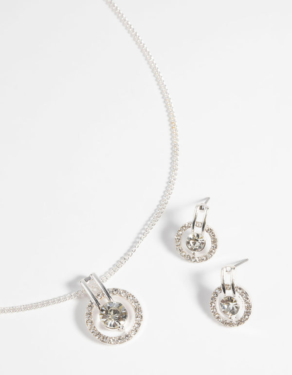 Silver Circular Diamante Necklace & Earring Set