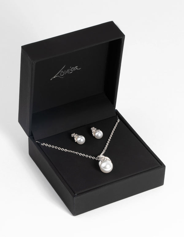 Silver Pearl Necklace & Earring Set