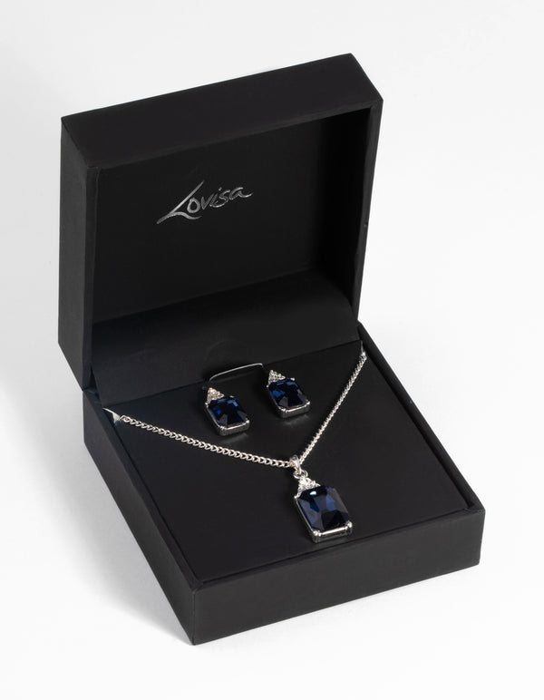 Silver Rectangular Diamante Necklace & Earring Set