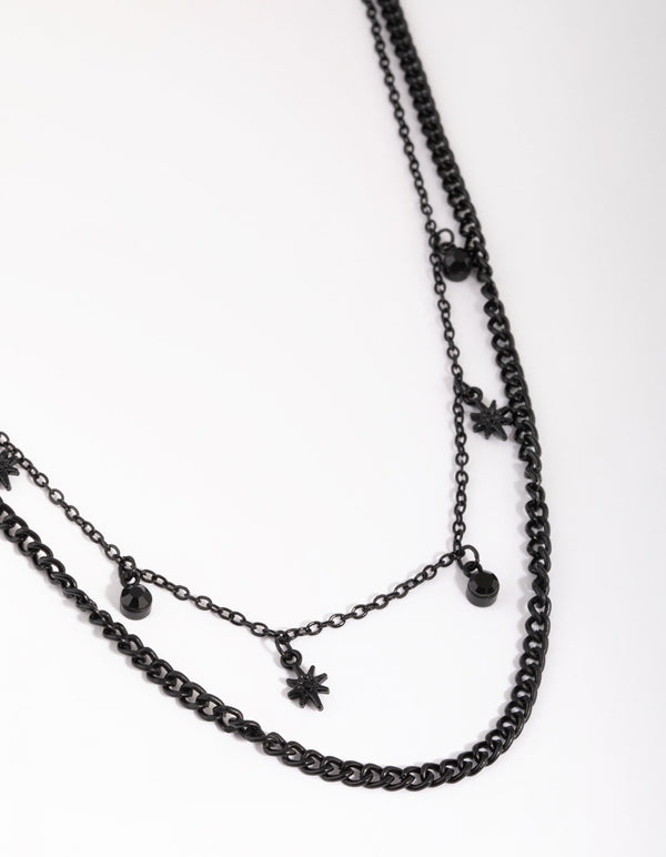 Matte Black Star & Diamante Layered Necklace
