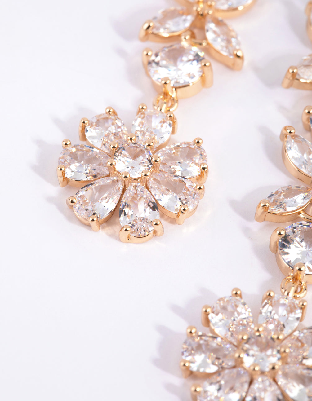 Gold Diamond Simulant Flower Drop Earrings
