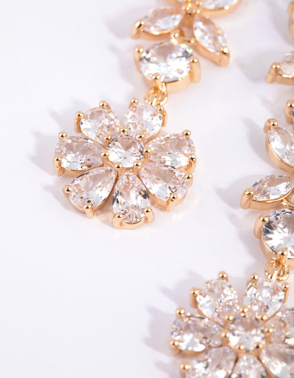 Gold Diamond Simulant Flower Drop Earrings