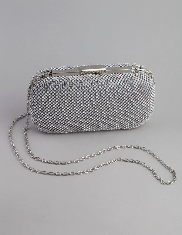 Silver Diamante Rounded Rectangular Clutch