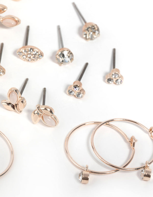 Rose Gold Diamante & Leaf Stud Earring 8-Pack