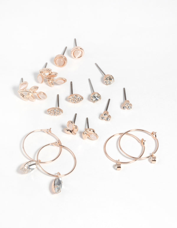 Rose Gold Diamante & Leaf Stud Earring 8-Pack