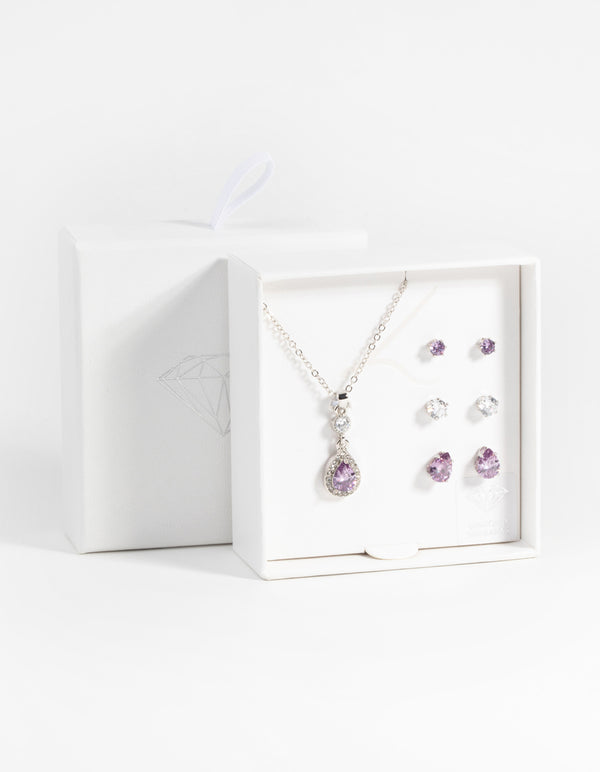Purple Diamond Simulant Teardrop Necklace & Earrings Set