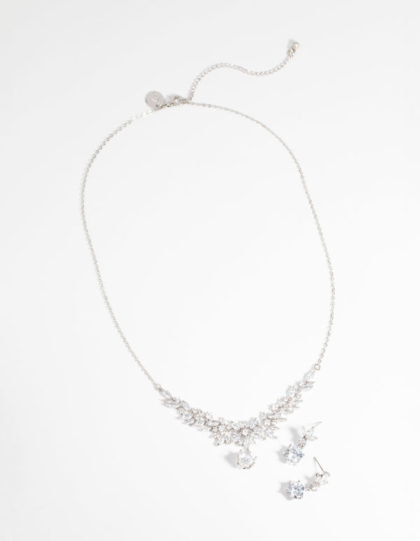 Silver Diamond Simulant Navette Necklace & Earrings Set