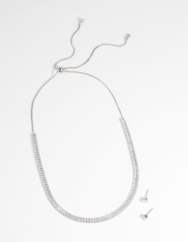 Silver Diamond Simulant Baguette Necklace & Earrings Set