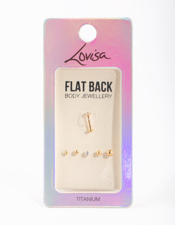 Gold Plated Titanium Flat Back Earrings With Single Flat Bar & Interchangeable Ends 6-Pack