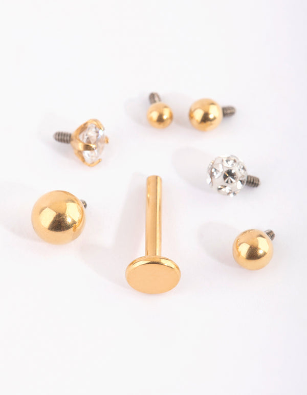 Gold Plated Titanium Flat Back Earrings With Single Flat Bar & Interchangeable Ends 6-Pack