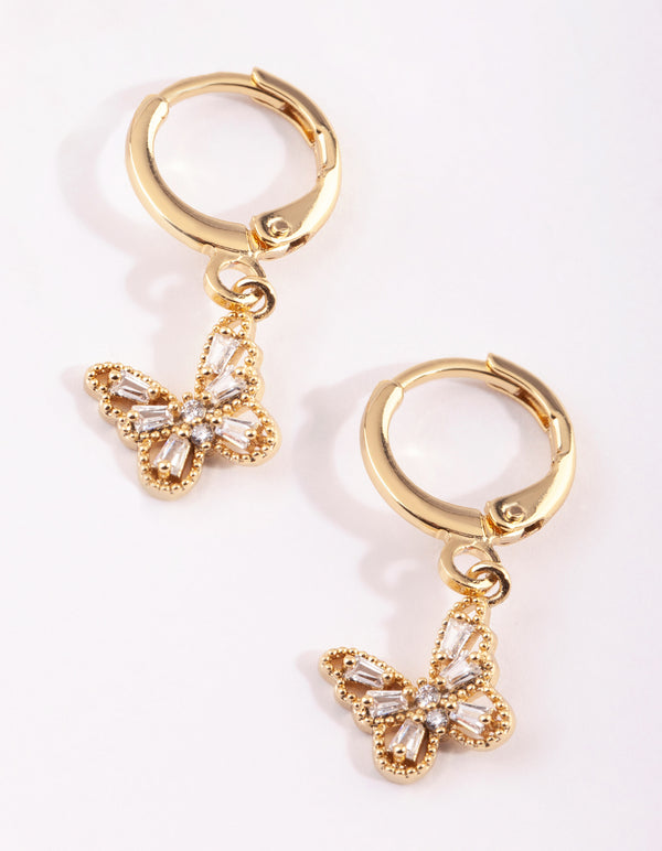 Gold Plated Butterfly Huggie Hoop Earrings with Cubic Zirconia