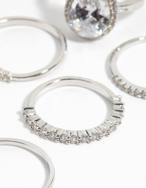 Silver Cubic Zirconia Statement Ring 5-Pack