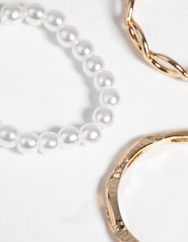 Gold Pearl & Twist Ring 5-Pack