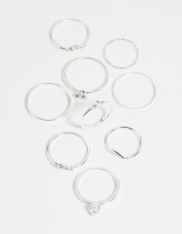 Silver Pearl & Diamante Ring 9-Pack