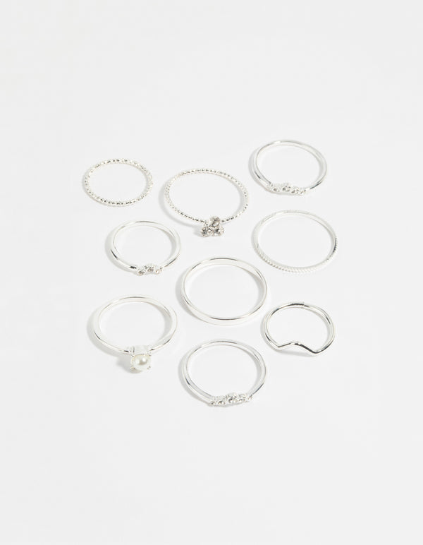 Silver Pearl & Diamante Ring 9-Pack