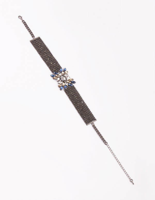 Gunmetal Diamante Flower Choker