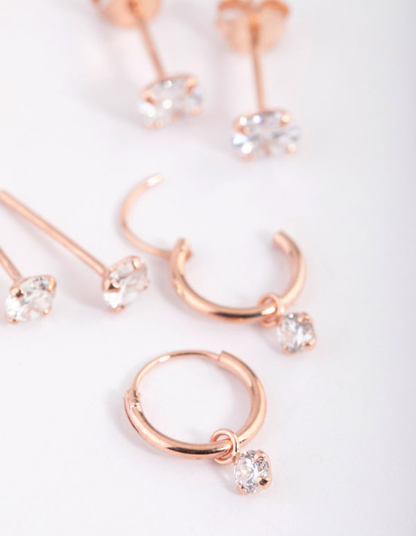 Rose Gold Plated Sterling Silver Cubic Zirconia Stud & Hoop Earring Pack
