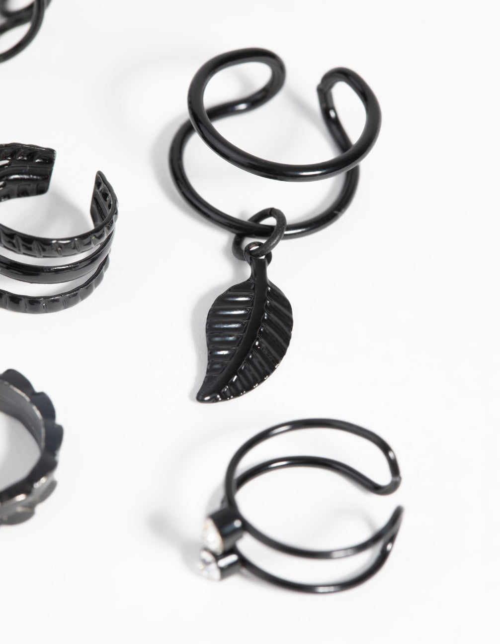 Matte Black Textured Leaf Ear Cuff Earring 6-Pack