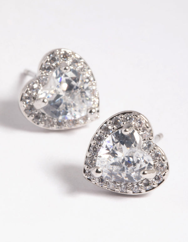 Silver Diamante Heart Stud Earrings