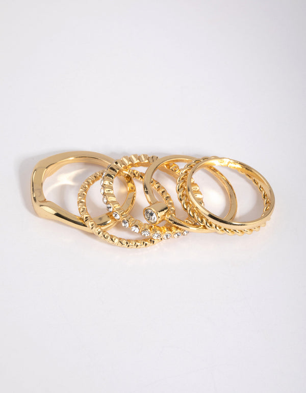 Gold Plated Molten Diamante Ring 6-Pack