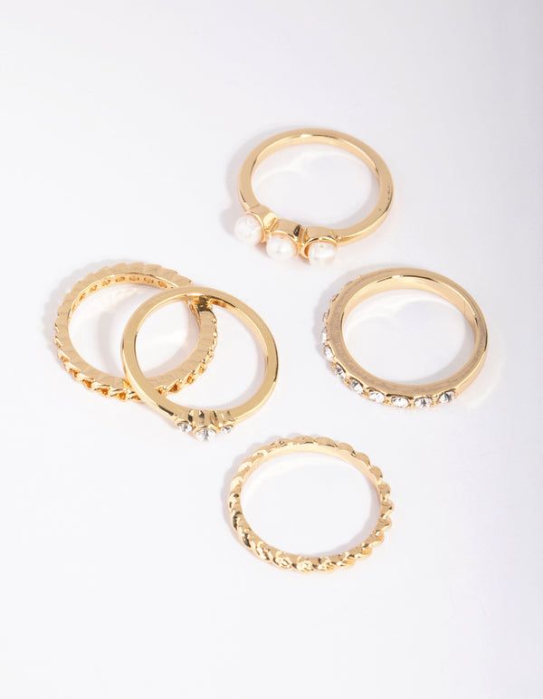 Gold Plated Diamante & Freshwater Pearl Ring 5-Pack