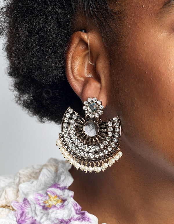 Antique Gold Diamante & Pearl Chandbali Earrings