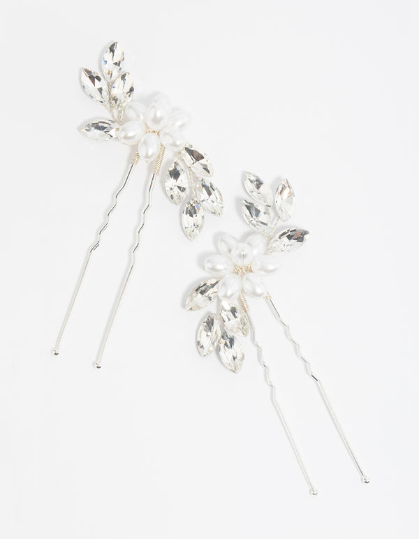 Silver Pearl Flower Diamante Pin Pack