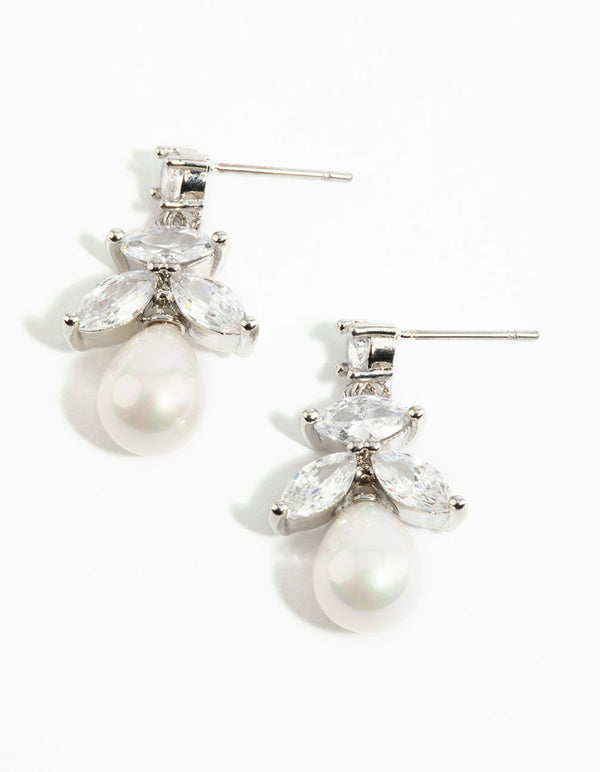 Silver Cubic Zirconia Leaf & Pearl Drop Earrings