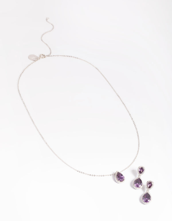 Silver Diamond Simulant Pearl Necklace & Earrings Set