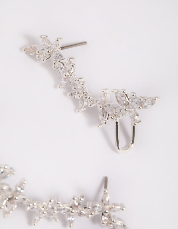 Silver Cubic Zirconia Floral Cuff Earrings
