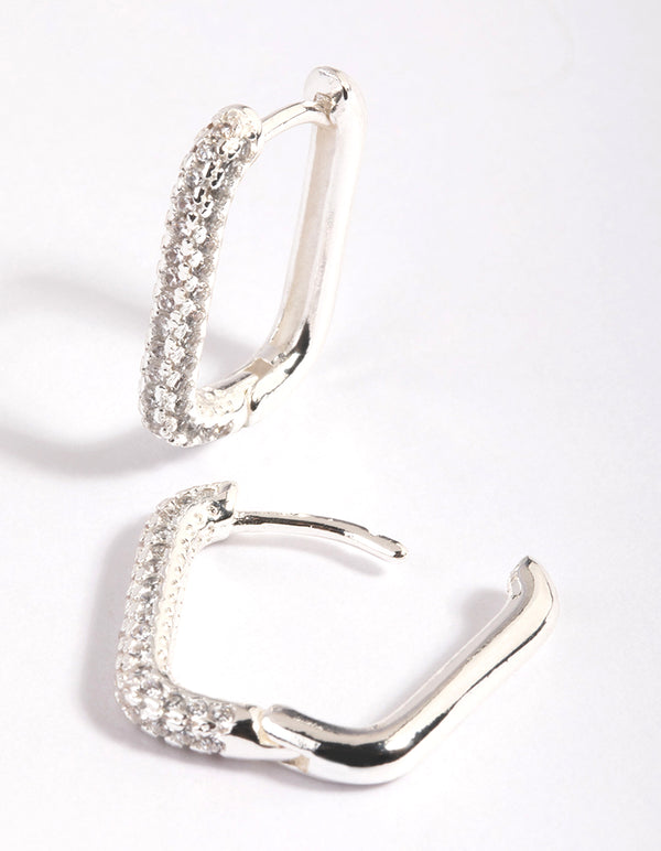 Silver Plated Brass Cubic Zirconia Rectangular Hoop Earrings