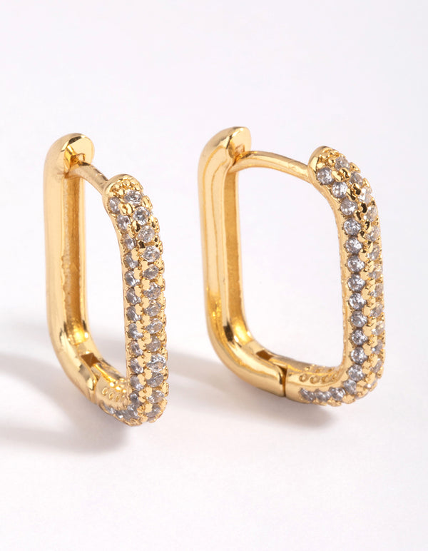 Gold Plated Brass Cubic Zirconia Rectangular Hoop Earrings