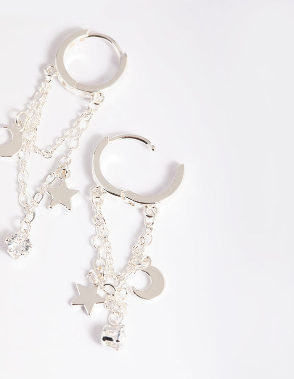 Silver Plated Cubic Zirconia Star & Moon Huggie Hoop Earrings