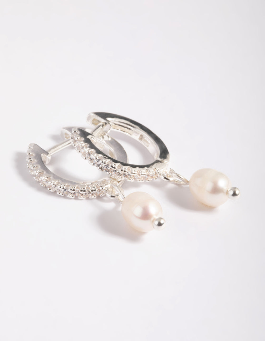 Silver Plated Brass Cubic Zirconia Pearl Huggie Hoop Earrings