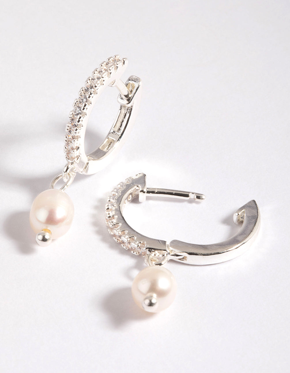 Silver Plated Brass Cubic Zirconia Pearl Huggie Hoop Earrings