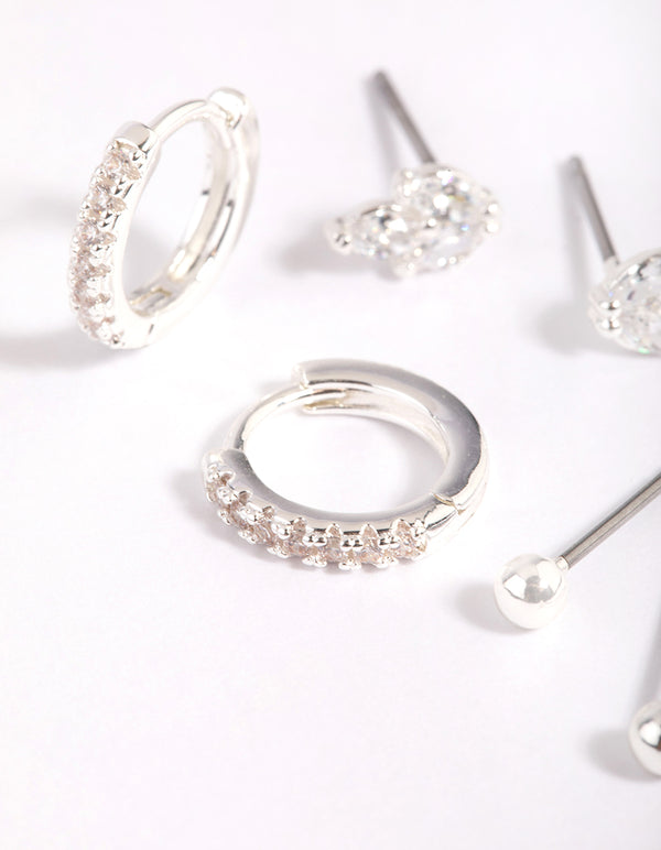 Silver Plated Brass Cubic Zirconia Leaf Earring Stack 6-Pack