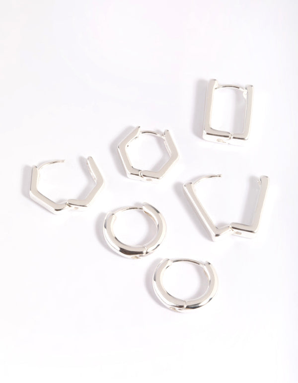 Silver Plated Brass Hexagon Earring Stack 6-Pack