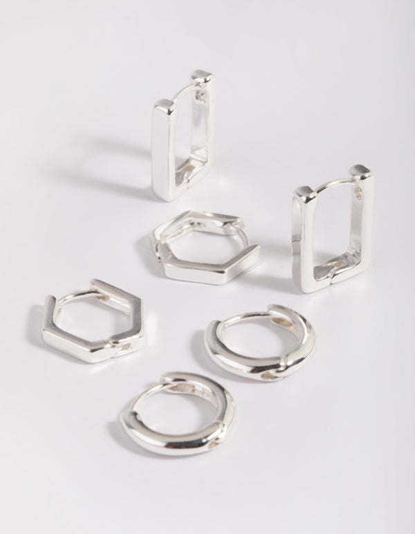 Silver Plated Brass Hexagon Earring Stack 6-Pack
