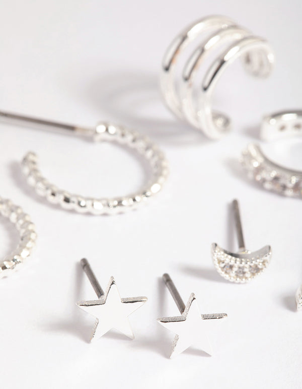 Silver Plated Brass Star & Moon Stud Earring 8-Pack